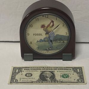 Vintage Rare Fossil Golf Themed Quartz Desk Wood Clock Golf Golfer-Battery used